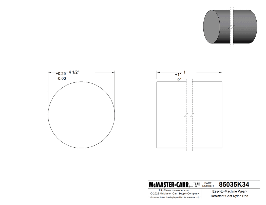Technical Drawing of Easy-to-Machine Wear-Resistant Cast Nylon Rod, 4-1/2" Diameter, 1 Foot Long.